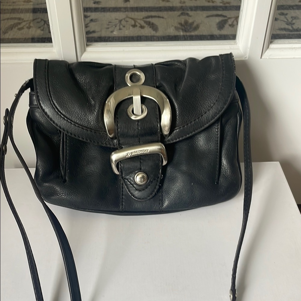 b. makowsky Black and Silver Mini Bag with Buckle Closure